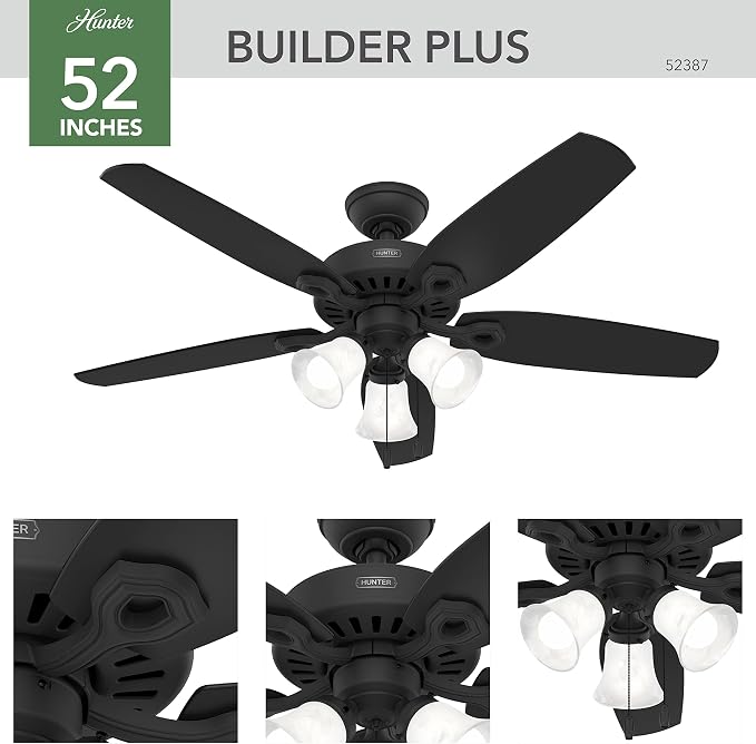 Hunter Builder Plus, Indoor, Ceiling Fan, Pull Chain, 52 inch, Matte Black | with LED Lights, Standard Mount, 5 Blades, For Bedroom, Living Room, 52387, Includes Bulbs
