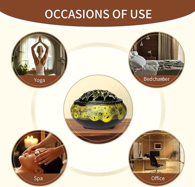 Ceramic Incense Burner, Bowl Burner,Cone Incense Burner with Brass lid for use with Stick or Cone-Shaped Incense，Lotus Incense Stick Holder Calabash Incense Stick Holder, 3pc (Fambe Yellow)