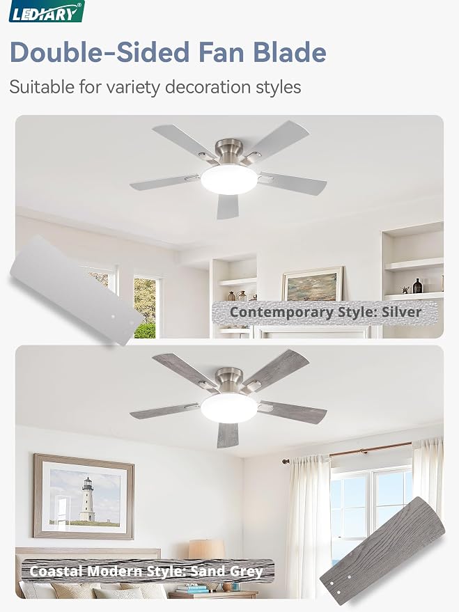 42 Inch Ceiling Fan with Lights and Remote, 30W 12" LED Panel Flush Mount Ceiling Fan, 6-Speed Quiet DC Motor Modern Low Profile Ceiling Fan with Reversible Blades for Bedroom, Living Room, Patio