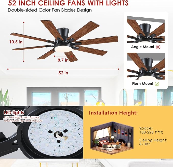 Mpayel Ceiling Fans with Lights, 52 Inch Low Profile Flush Mount Ceiling Fan, Modern Brown Ceiling Fan with Light for Bedroom Living Room, Remote/APP Control, Quiet DC Motor, Dimmable, 8 Wood Blades