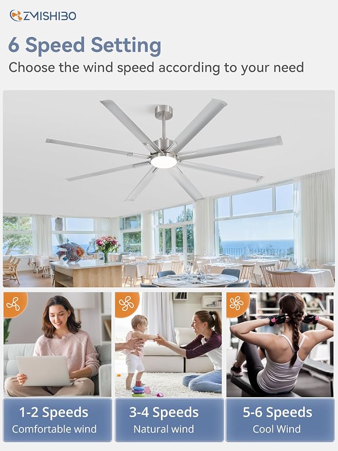 72" Industrial Ceiling Fans with Lights, Large Ceiling Fan with 3CCT, 8 Reverisble Aluminum Blades, Quiet DC Motor, 6-Speed Remote, Indoor/Outdoor Ceiling Fans for Patios/Garage/Porch, Nickel