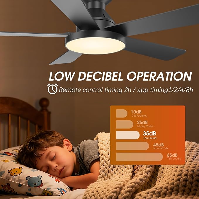 Ceiling Fans with Lights, 46" Low Profile Ceiling Fan with Light, Remote/App Control, Flush Mount Black Ceiling Fan for Bedroom, Indoor/Outdoor