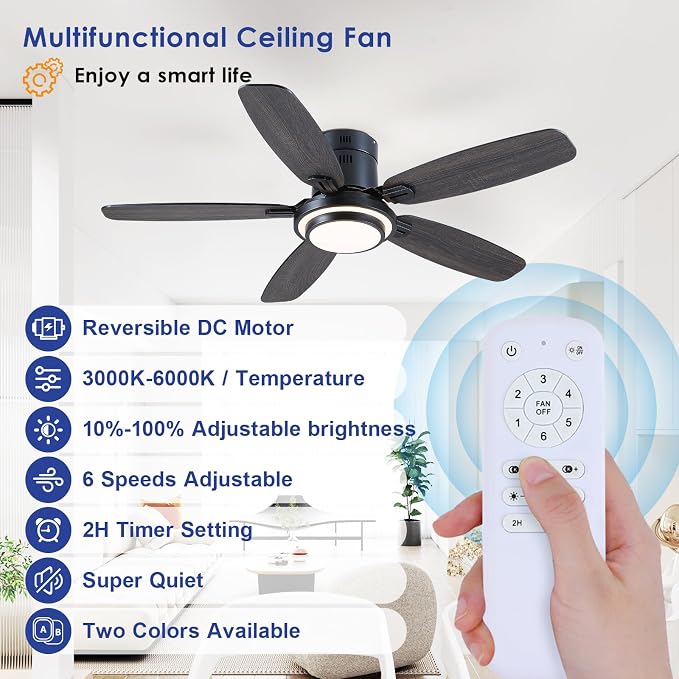 Hounberi 50 Inch Black Ceiling Fans with Lights and Remote, Modern Flush Mount Low Profile Ceiling Fan, 3CCT, Dimmable, Quiet DC Reversible Motor, for Bedroom Living Room Indoor/Outdoor Use