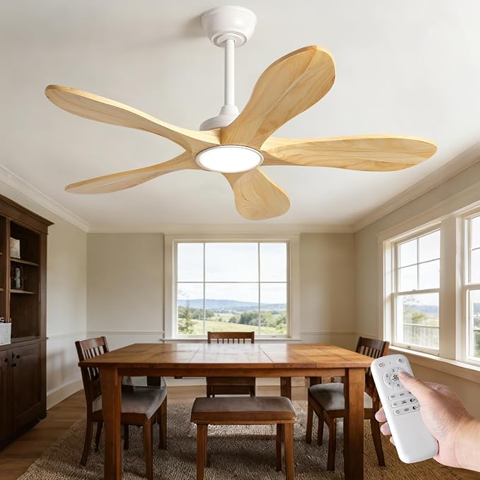 42 Inch White Ceiling Fans with Lights and Remote Control, Wood Ceiling Fan with Light, Modern Indoor Outdoor Ceiling Fan for Patio, Bedroom, Dimmable, 6 Speeds Reversible DC Motor