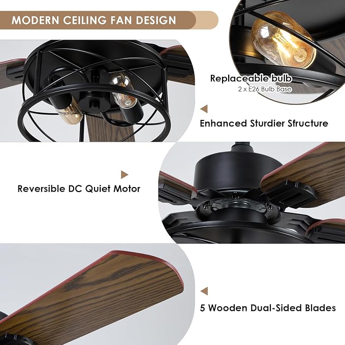 Hounberi 42 Inch Farmhouse Ceiling Fan with Light, Rustic Caged Ceiling Fans with Lights and Remote, Dual Finish 5 Blades, 6 Speeds, Reversible DC Motor, Vintage Rustic Ceiling Fans for Living Room