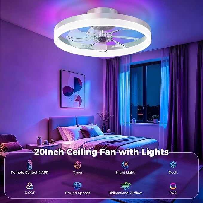 RGB Ceiling Fans with Lights and Remote, 20 Inch Flush Mount Low Profile Ceiling Fan with Light,3000K-6500K Dimmable,Modern LED Fandelier Ceiling Fan for Bedroom Living Room (White)