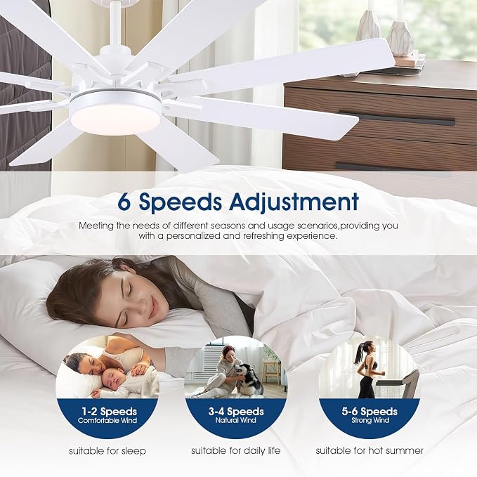 Kviflon 52 Inch Ceiling Fans with Lights, Modern White Ceiling fan with light for Bedroom Living Room Indoor Outdoor, Remote/APP Control, Reversible Quiet DC Motor, Dimmable LED, 8 Wooden Blades