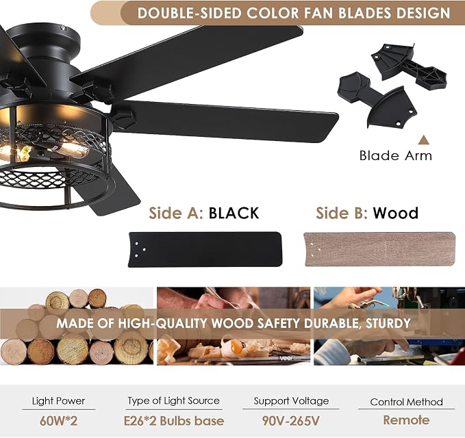 Hounberi 52" Farmhouse Ceiling Fans with Lights and Remote, Industrial Black Flush Mount Ceiling Fan with 6 Double-Sided Blades, 6 Speed Reversible Motor, Caged Rustic Ceiling Fans for Living Room