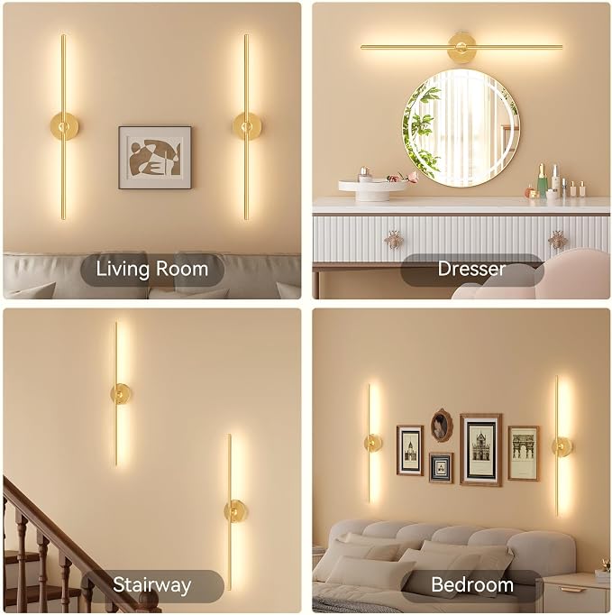Ouyulong Battery Operated Wall Sconces Set of 2, 8000mAh Wireless Rechargeable 3000-6000K Dimmable 350° Rotate Wall Light with Remote for Living Room, Bedroom 31.6in Gold