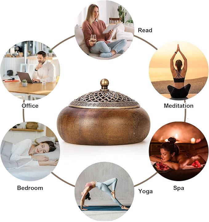2 Pack Incense Cone Holder, Wooden Incense Burner with Brass Cover, Bakhoor Burners for Sticks Coil, Frankincense Room Home Decor Yoga Spa Meditation (R)