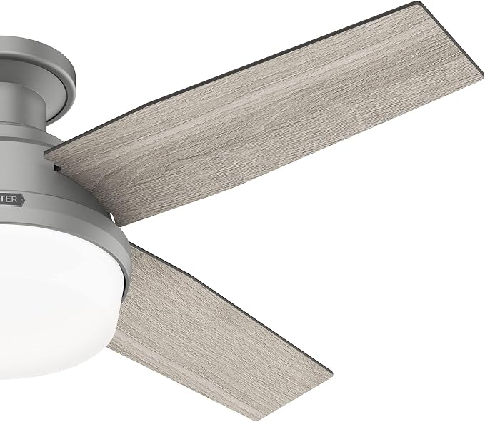 Hunter 44 inch Indoor Ceiling Fan with LED Light and Remote Control - Modern Ceiling Fan, Low Profile Mount, 4 Blades, For Bedroom, Living Room, or Kitchen, Quiet - Dempsey 51757, Matte Silver