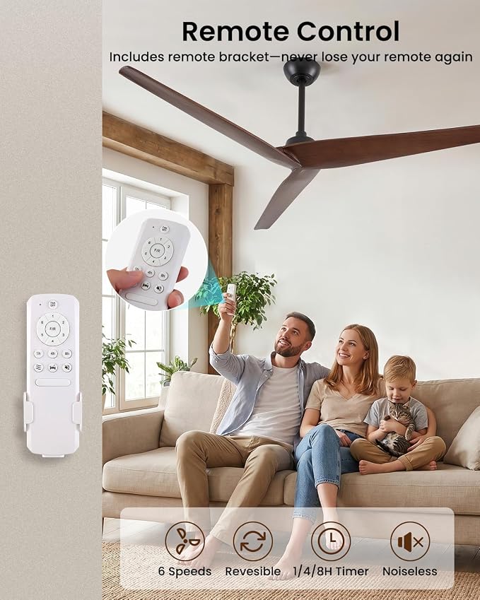 Skylike 60in Modern Wood Ceiling Fan No Light with Remote for Bedroom-Dark | Real Wood Blades, Quiet DC Motor,Reversible,Beep-Off Function,6 Speeds,3 Timers,12" downrod,Indoor and Outdoor