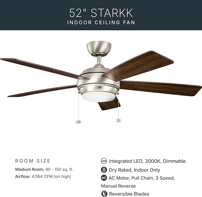 Kichler Starkk 52" Ceiling Fan with LED Lights in Brushed Nickel, 5-Blade Traditional Fan with reversible Silver/Walnut blades, 3000K, (52" W x 13.75" H), 330174NI