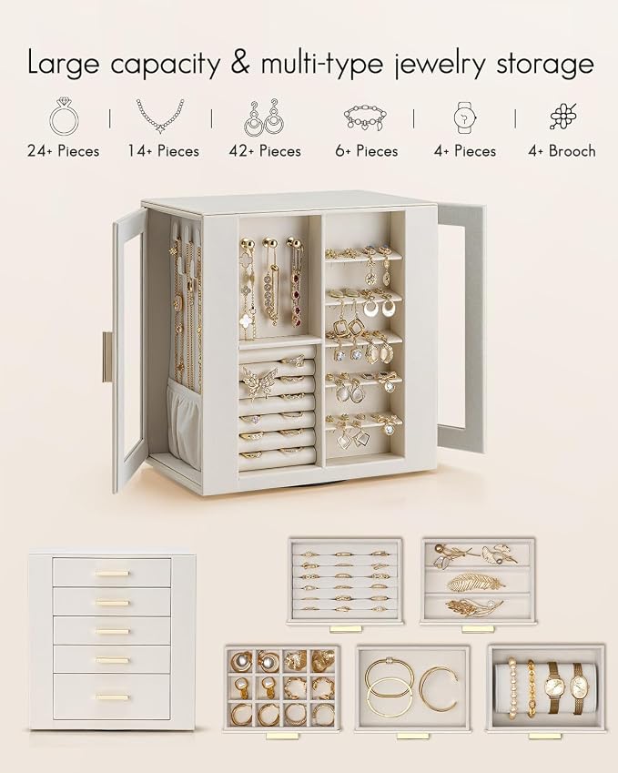 VLANDO 360ｰ Rotating Jewelry Box with 5 Drawers, Large Jewelry Storage with 2 Glass Window, PU Leather Jewelry Organizer for Bracelets, Necklaces, Earrings, Rings - Cloud White