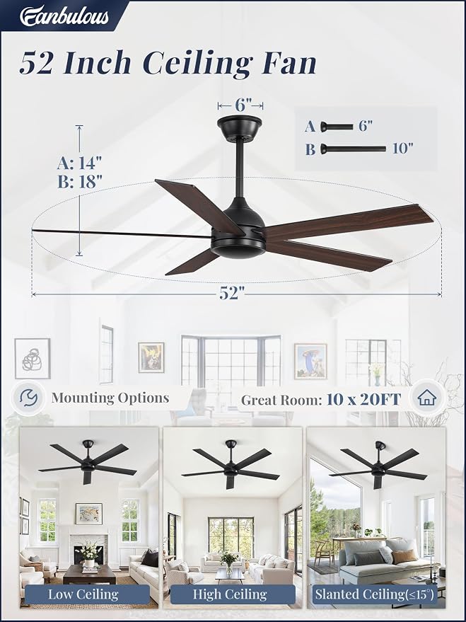 Fanbulous 52 Inch Ceiling Fans No Light with Remote, Black Indoor/Outdoor Ceiling Fan Without Light with Quiet Reversible DC Motor, 6 Speeds, 5 Blades Modern Ceiling Fan for Living Room Bedroom Patio