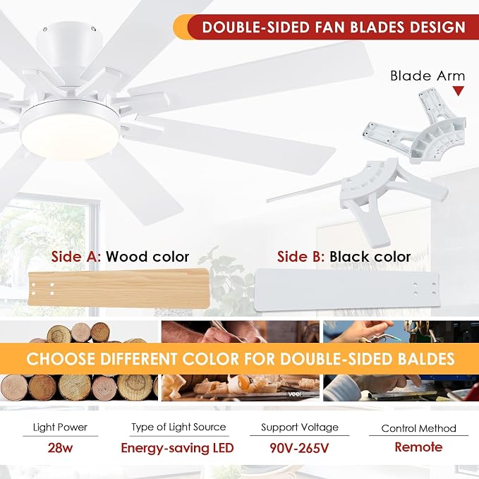Mpayel Ceiling Fans with Lights, 52 Inch Low Profile Flush Mount Ceiling Fan, Modern White Ceiling Fan with Light for Bedroom Living Room, Remote/APP Control, Quiet DC Motor, Dimmable, 8 Wood Blades