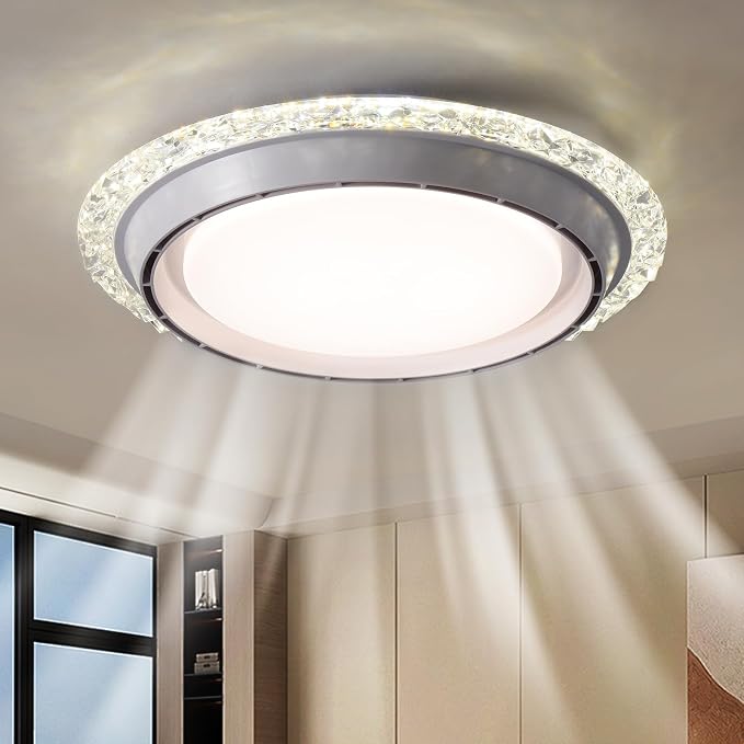 AHAWILL 19.29'' Bladeless Ceiling Fan with Light,Modern Crystal Ceiling Fan with Remote Control,Enclosed Flush Mount Fandelier,6 Wind Speed,Dimmable LED,White,for Bedroom Kitchen Dining Room
