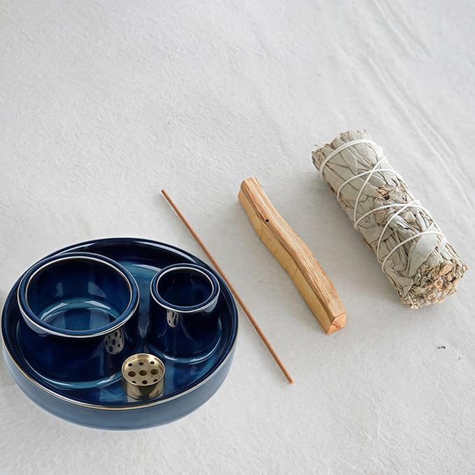 4 in 1 Incense Holder, Ceramic Incense Stick and Palo Santo Holder,Sage Holder for Burning- 4.25" Ceramic Ash Catcher Tray for Meditation and Yoga Room (Blue)