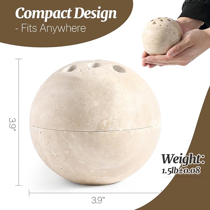 Natural Travertine Incense Burner – 4” Handmade Stone Incense Cone Holder, Minimalist Sphere Incense Burner for Home Decor, Meditation, Yoga, Spa, Relaxation (Beige)