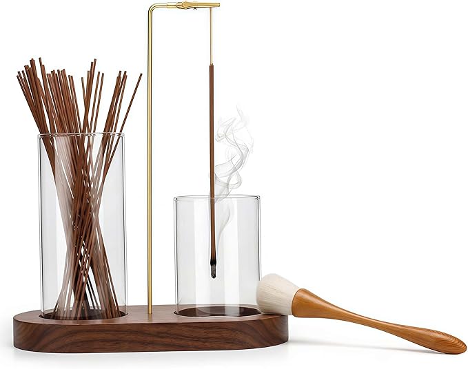 Glass Incense Holder for Sticks, Hang Upside Down Incense Burner with Storage & Ash Catcher, Anti-Ash 2 in 1, Comes with Brush & Greeting Card, Meditation Yoga Home Decor Gift