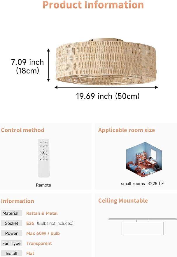 Caged Ceiling Fans with Lights Flush Mount, 20" Rattan Boho Ceiling Fan with Light Remote Control, Enclosed with 6 Speeds for Bedroom, Nursery, Living Room (Beige)