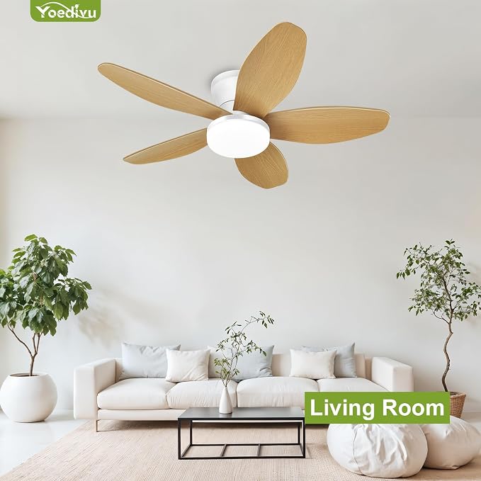 Ceiling Fans with Lights - 35 Inch Small Low Profile Ceiling Fan and Remote,Flush Mount Ceiling Fan with 5 Reversible Blades 6 Wind Speeds, White&Wood Modern Ceiling Fans for Bedroom Kitchen