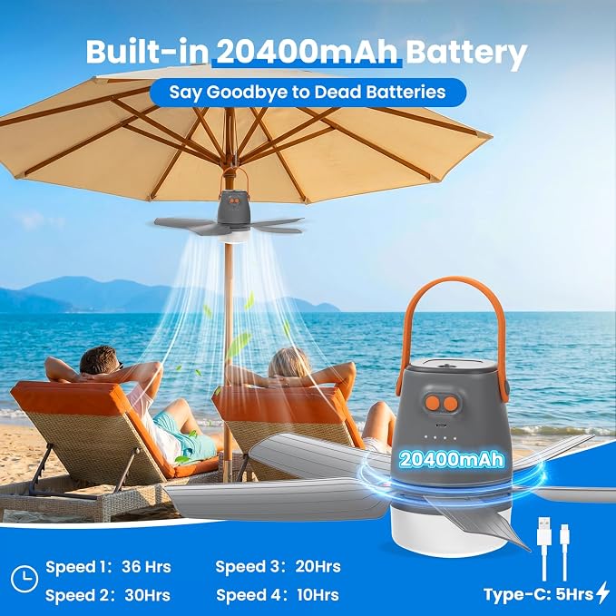 20" Portable Ceiling Fan with Light & Remote,20400mAh Battery Operated Outdoor Ceiling Gazebo Fan for Patios/Canopy/Cruise,Rechargeable Battery Powered Fan,Hangable Camping Light Fan,Camping Essential