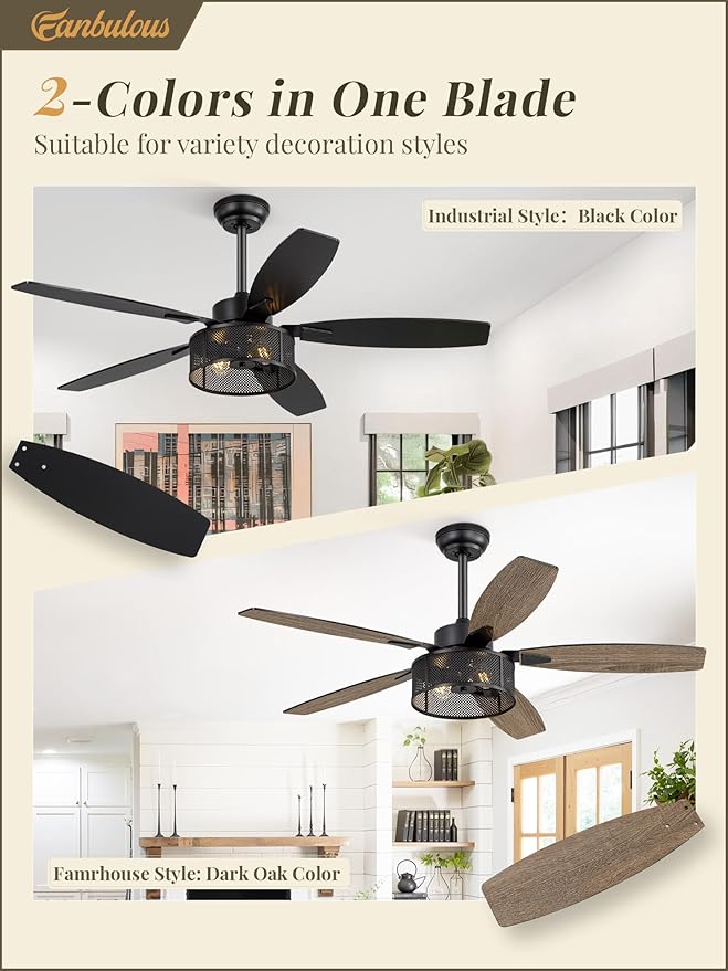 52 Inch Farmhouse Ceiling Fan with Light and Remote, Black Industrial Caged Ceiling Fans Flush Mount, 5 Dual Finish Blades, 6-Speed Reversible Quiet DC Motor, Rustic Design for Bedroom, Living Room