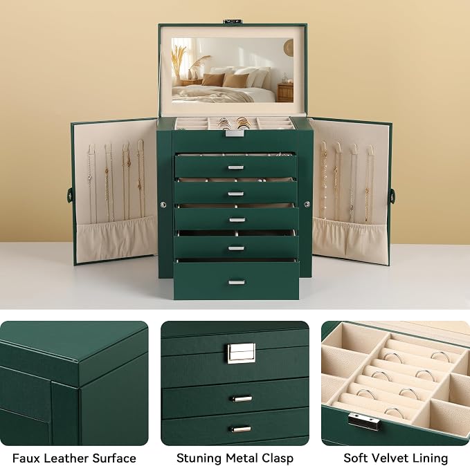 Frebeauty 6-Layer Jewelry Box for Women,Large Jewelry Organizer with Drawer | Faux Leather,Built-in Mirror,Spacious Jewelry Storage,16 Necklace Hooks,Organizing by Category for Rings Earrings Bracelet