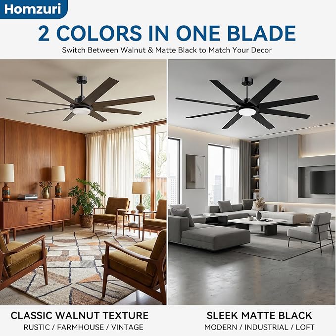 72 Inch Ceiling Fans with Lights, Large Ceiling fan with Light and Remote/APP Control, 3CCT, Dimmable, Noiseless DC Reversible Motor, 8 Blades Black Ceiling Fan for Bedroom Living Room Outdoor