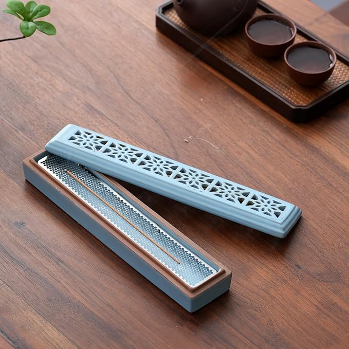 CEREMONY Incense Holder for Sticks, Ceramic Insence-Stick Holder Ash Catcher, Incense Holder Timkburner for Meditation Yoga Spa Room Incense Holder (Mesh-Blue)