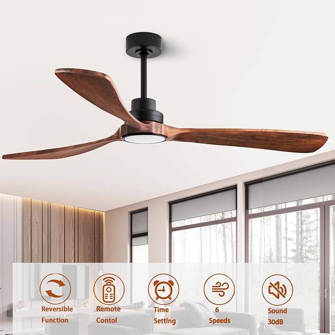 60-inch Quiet Ceiling Fan Light with Remote Control, 3-Blade, Walnut Finish | 3CCT, mobile app, full memory function, suitable for living rooms, dining rooms, bedrooms, offices, balconies, and patios