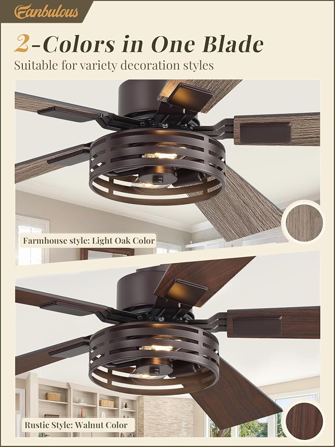 Fanbulous Farmhouse Caged Ceiling Fans with Lights and Remote, 42 Inch Oil Bronze Bedroom Ceiling Fans for Living Room Kitchen，6 Speed Reversible Quiet DC Motor, Dual Finish 5 Blades