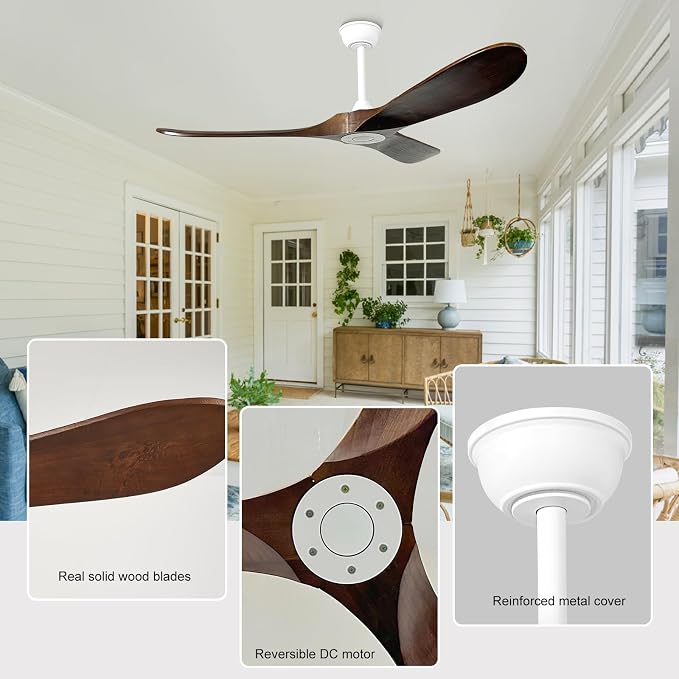 52'' Outdoor Ceiling Fan No Light,6 Speeds Adjustable with Large Airflow,Quiet Operation,Wood Propeller Ceiling Fan for Garage,Gazebo,Living Room,Bedroom(White+Dark Walnut)
