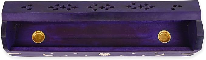 Incense Garden Pack of 2 Incense Stick Holder - Coffin Style - Wood Incense Stick Burner with Sun Moon Star Inlays Handmade with Brass Inlays (Purple)
