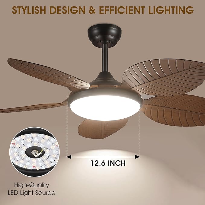 Wiviniya 48 Inch Tropical Ceiling Fans with Lights, Palm Leaf Outdoor Ceiling Fan with Light for Patios Porch Bedroom Living Room, Remote/APP Control, Reversible Quiet DC Motor, Dimmable LED, Brown
