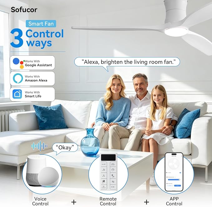 Sofucor 52" Smart Ceiling Fan, Solid Wood Ceiling Fan with Lights and Remote, Flush Mount Ceiling Fan Works with Alexa/Google/App, Dimmable 6-Speed Timing Reversible DC Motor for Bedroom Living Room