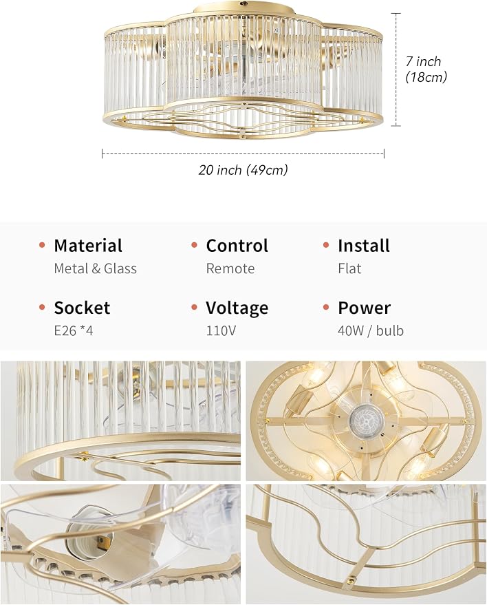 Boho Ceiling Fans with Lights, 20" Low Profile Ceiling Fan with Light Remote Control, Bladeless Flush Mount with 6 Speeds for Bedroom, Nursery, Living Room.