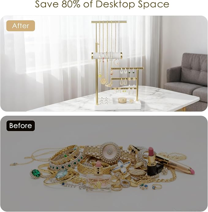 SZQINJI 5 Tier Jewelry Holder Organizer, Gold Necklace Stand Display, White | Velvet Bracelet Holder, Adjustable Height Jewelry Display for Necklaces, Bracelets, Earrings, Rings, Gift Idea for Women