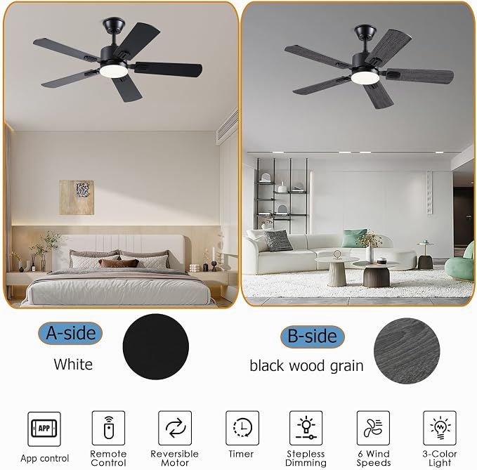 FUMLTP 42 inch Modern Ceiling Fans with Lights APP/Remote Control, Low Profile Reversible 6 Speeds Ceiling Fan Light for Indoor/Outdoor Patio Bedroom Living Room,Black
