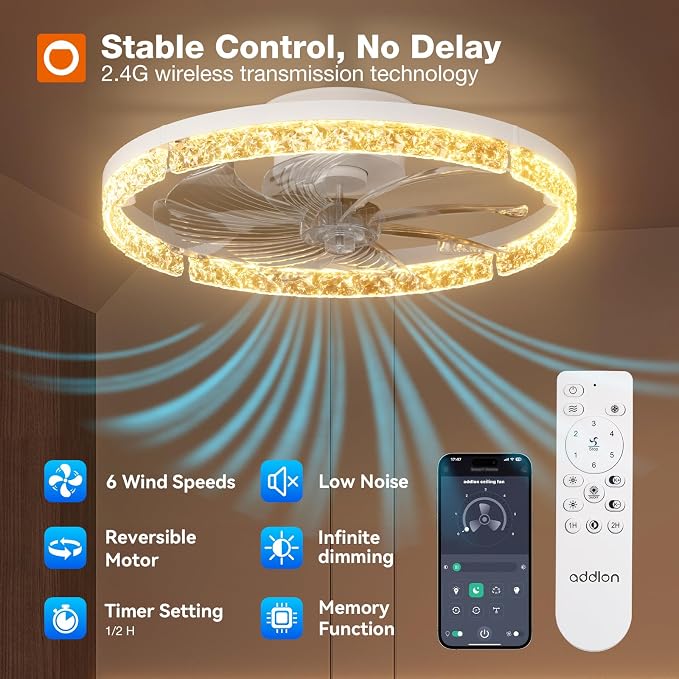 addlon Ceiling Fans with Lights and Remote, 20'' Low Profile Flush Mount Ceiling Fan, 3000–6000K Dimmable LED Fandelier, Bladeless Crystal Fan Light for Bedroom, Kitchen, Living Room, White