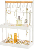 4-Tier Jewelry Organizer Stand with 12 Hooks & Velvet Ring Tray, Necklace Holder, Tangle-Free Jewelry Display for Bracelets Rings, Room Dorm Decor for Dresser Vanity, Gift for Teen Girls, White
