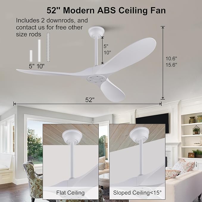 KBZZ 52'' Ceiling Fan Without Light, ABS Ceiling Fan with 3 Blade and Down Rods, Remote Control, DC Motor, Indoor Outdoor Ceiling Fans for Patio, Living Room, Bedroom, Office