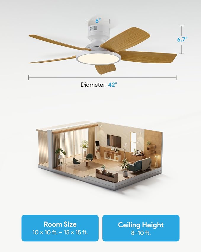 VONLUCE 42 Inch Ceiling Fan with Lights, Quick Install Ceiling Fan and Remote, 6-Speeds Noiseless Reversible DC Motor, 3CCT, Modern Ceiling Fan for Bedroom Living Room Kitchen, Light Wood Grain