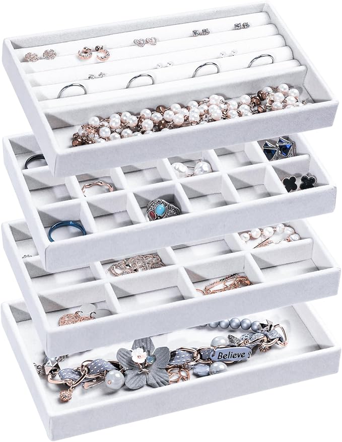 Frebeauty Jewelry Trays for Drawer,Set of 4 Jewelry Organizer and Storage | Velvet Material,Earring Holder Organizer,Stackable Jewelry Display for Vanity,Drawer Inserts for Rings,Studs,8.3×4.9 inch