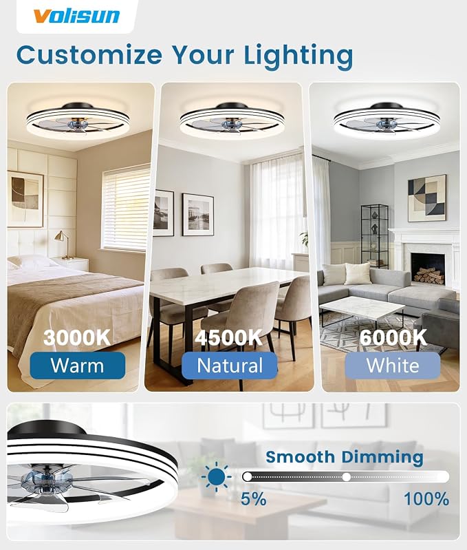VOLISUN Low Profile Ceiling Fans with Lights and Remote, 24in Flush Mount Ceiling Fan with Light, 3000K-6500K Dimmable Fandelier LED Fan Light, Black Bladeless Ceiling Fans with Lights for Bedroom