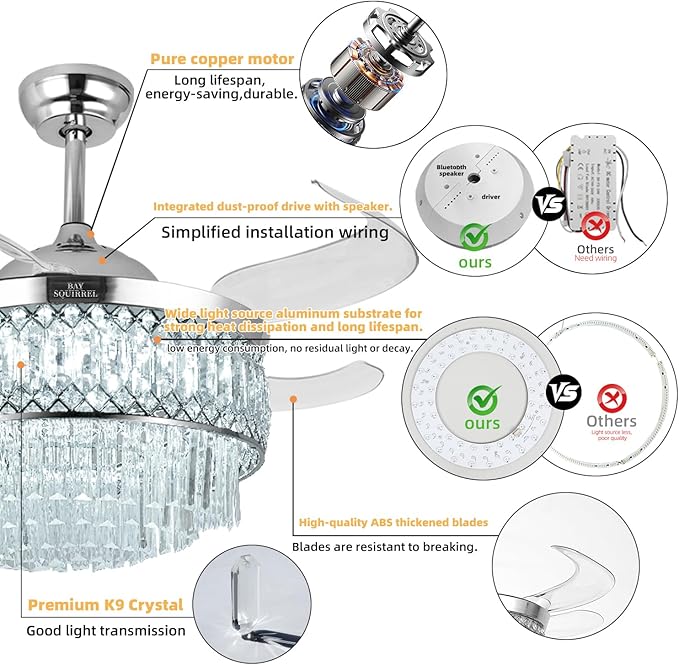 Retractable Crystal Ceiling Fan with Lights, Bluetooth Ceiling Fan with Speaker, 6-Speed Reversible Blades, RGB-LED Light, Remote & APP Control Crystal Chandelier for Bedroom Living Room 42"