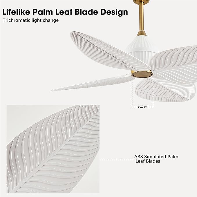 52" Tropical Ceiling Fans, Flush Mount Palm Leaf Ceiling Fan no Light, Indoor Ceiling Fans Without Light for Living Room Bedroom Kitchen Covered Gazebo, APP and Remote Control-White Gold