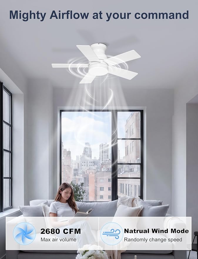 32'' White Low Profile Ceiling Fan with Light for Nursery Room | Quiet DC Motor, Flush Mount, 3CCT Dimmable, Modern Small Room Ceiling Fan with App/Remote Control