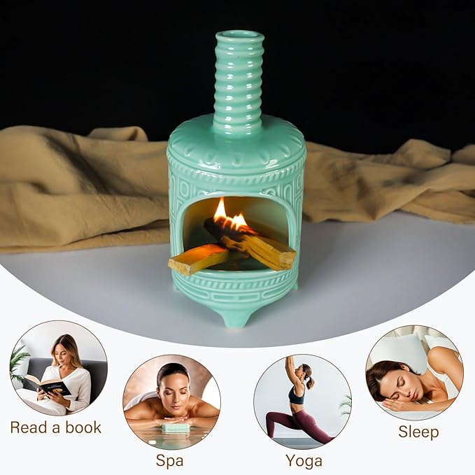 Mougigi Light Green Palo Santo Burner Holder-Mini Chiminea Smudging Bowl for Palo Santo Sticks, Sage Smudge Sticks&Cone Incense Burning–Zen Decor for Energy Cleansing Unique Gift for Friends & Family